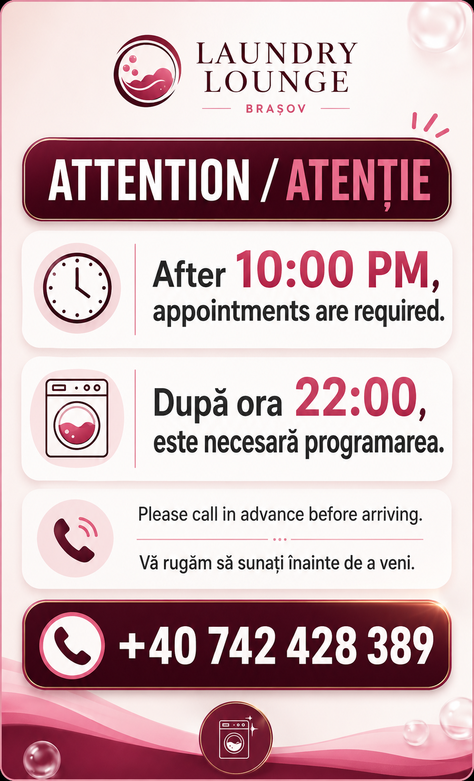 După ora 22:00 este necesară programarea. Pentru informații sunați la 0742 428 389.